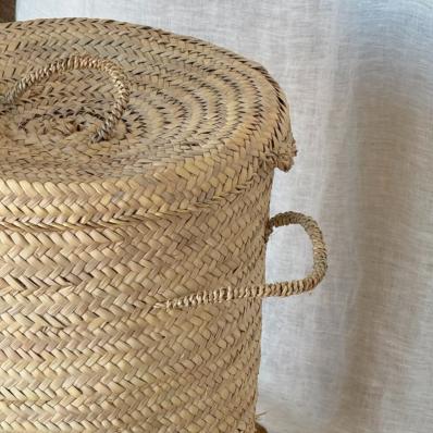 Panier à linge rond en feuille de palmier avec couvercle